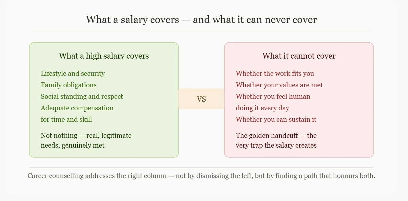 Golden handcuff trap career burnout — what salary covers vs what it cannot cover, money vs meaning career counselling infographic